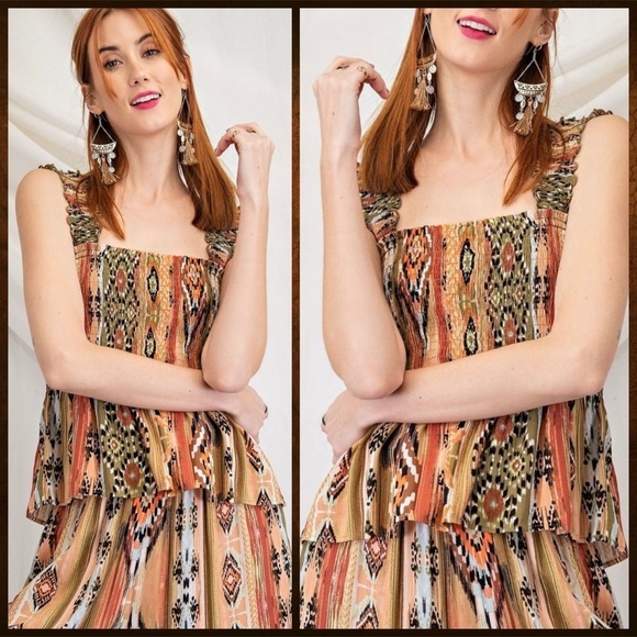 EASEL Smocked Fitted Stretchy Sleeveless Bodice W/Pleated Peplum Aztec Print Top - Picture 2 of 16